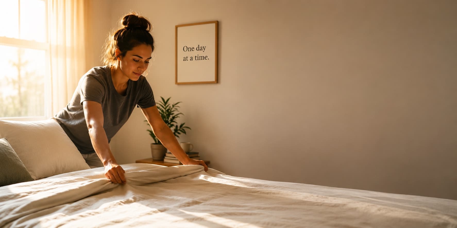 A woman making her bed as part of a healthy morning routine, representing structure, personal growth, and long-term recovery from addiction.