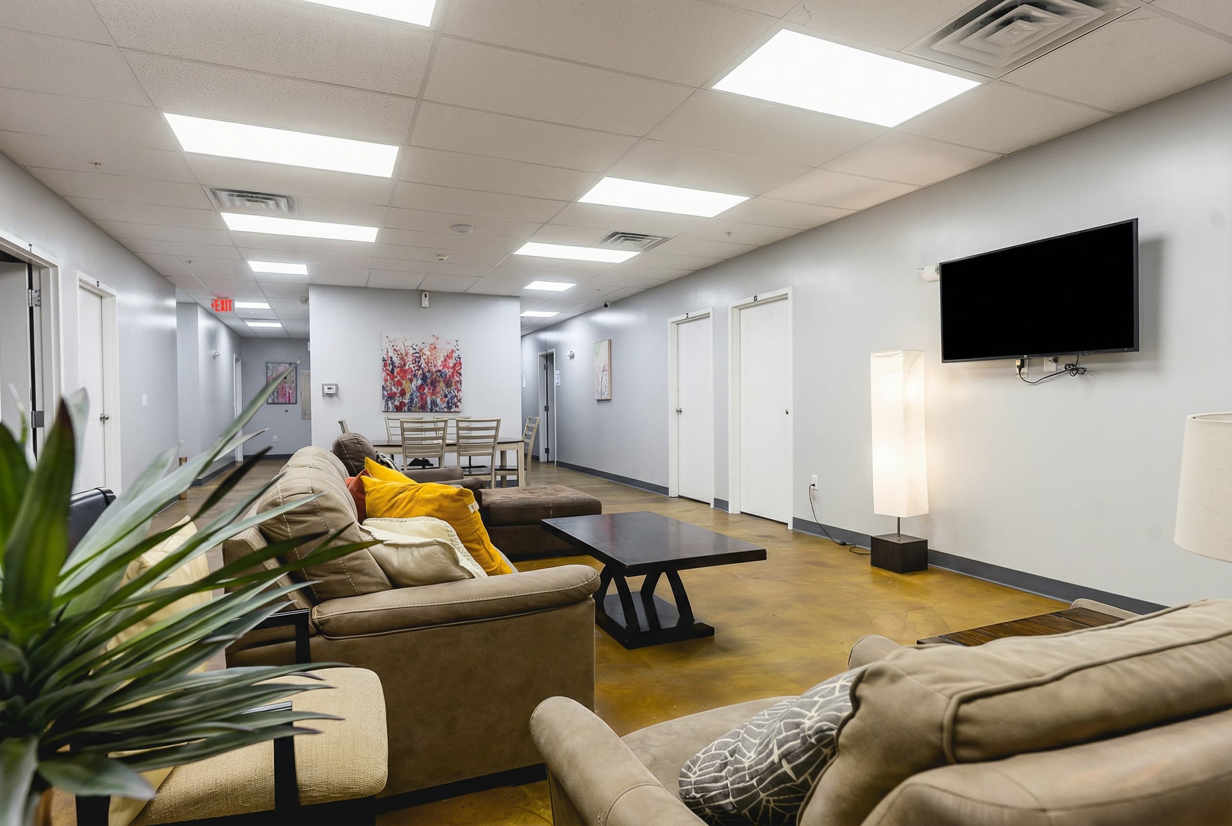 Comfortable lounge with seating and a potted plant at Natural State Recovery